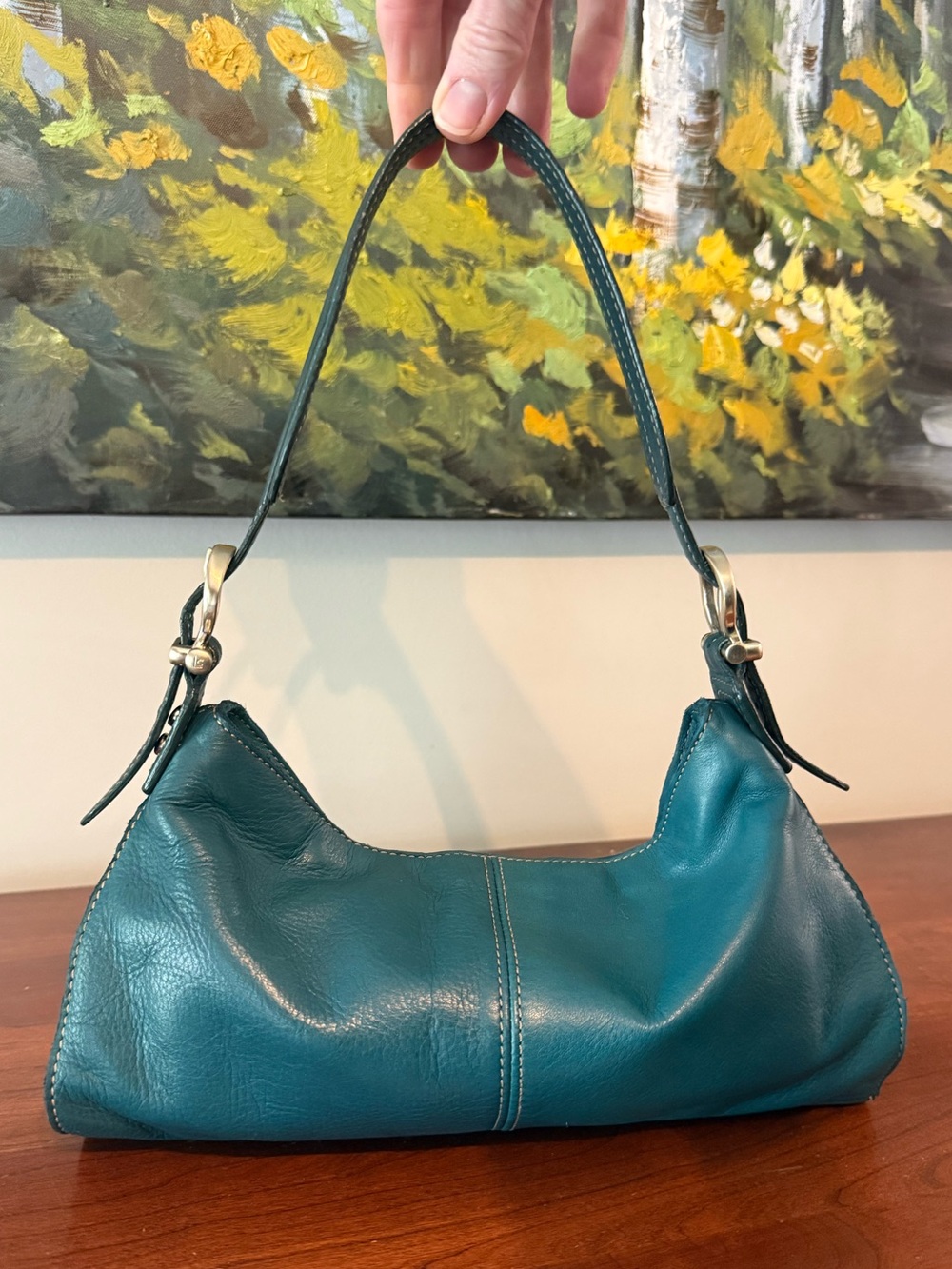 Liz Claiborne Genuine Leather Y2K Teal Soft Adjustable Shoulder Baguette Bag